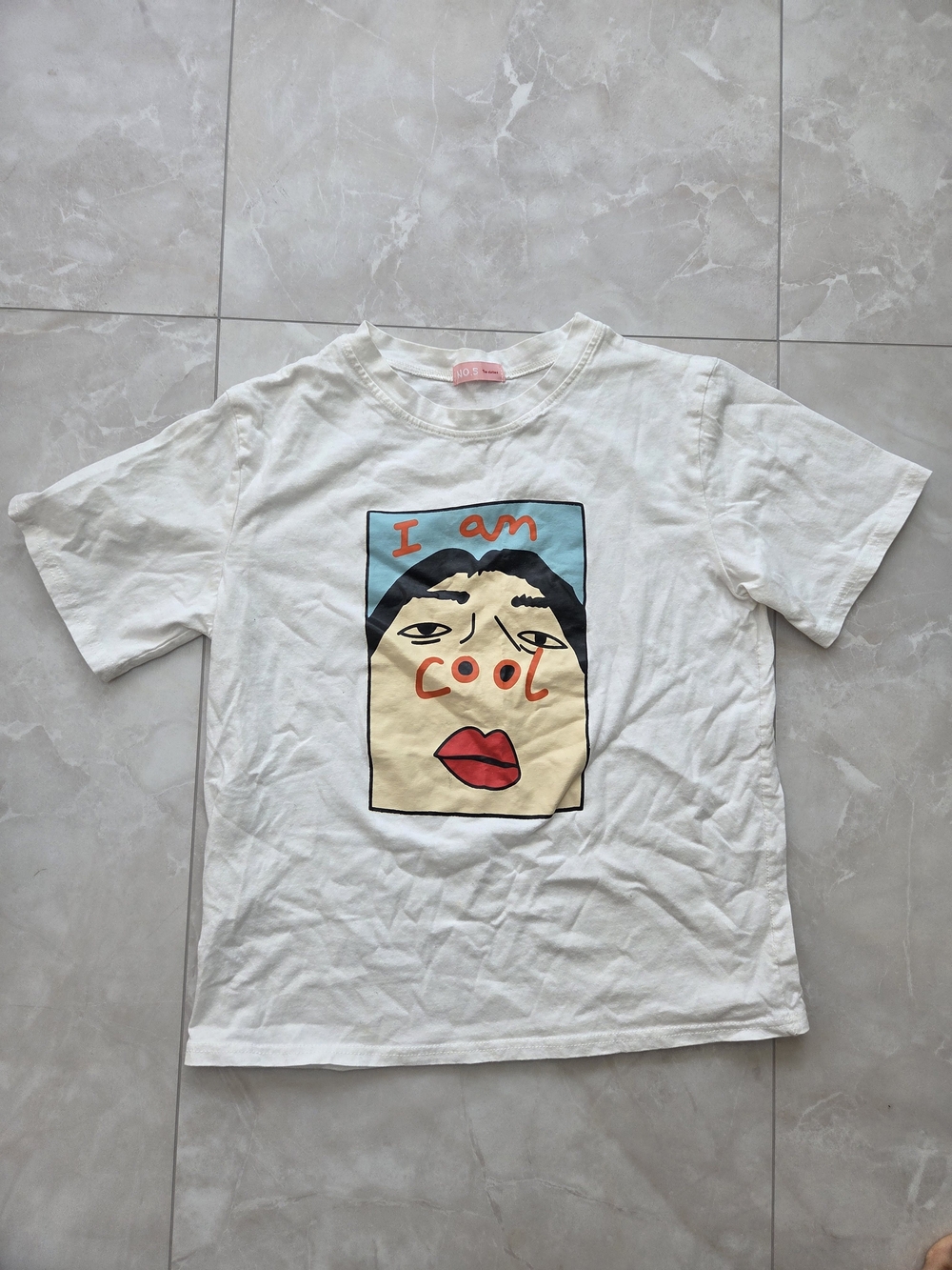 White Graphic Tee with 'I am cool' Face Print